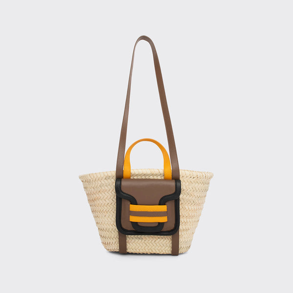 ALPHA basket for women in natural raffia and camel leather