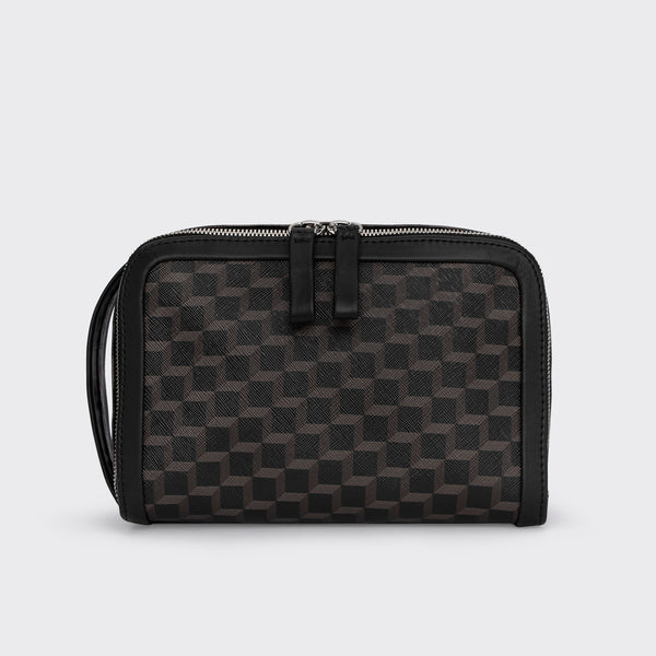 Dopp kit in black Cube coated canvas & black leather — PIERRE HARDY