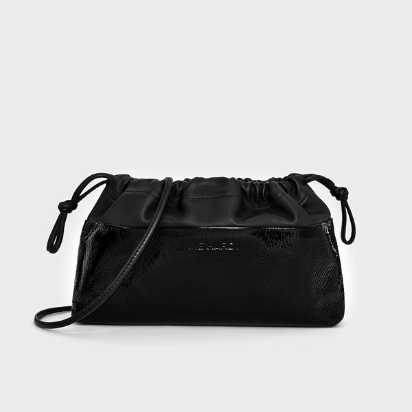 TWIN clutch for women in black patent goatskin and black lambskin